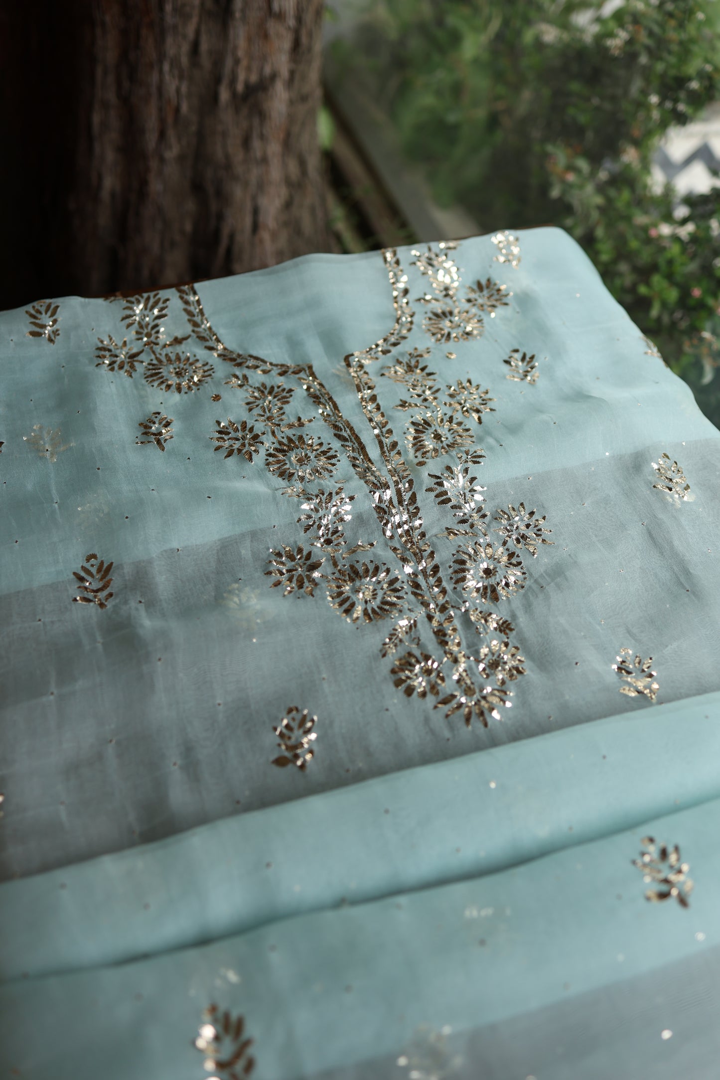 Light Blue Shade Noor Organza Silk Badla Unstitched Kurta Dupatta Set