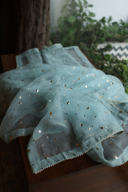 Light Blue Shade Noor Organza Silk Badla Unstitched Kurta Dupatta Set