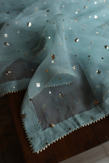 Light Blue Shade Noor Organza Silk Badla Unstitched Kurta Dupatta Set