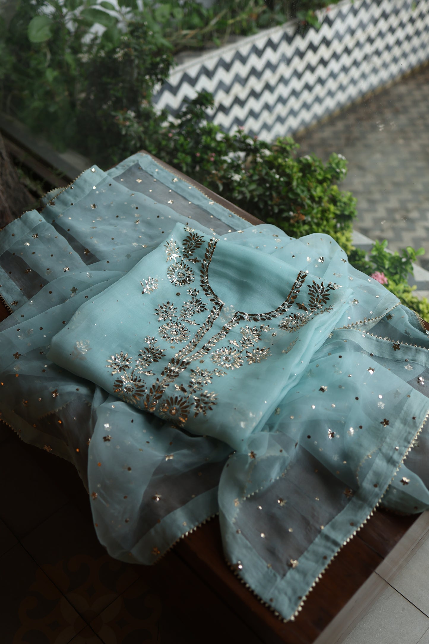 Light Blue Shade Noor Organza Silk Badla Unstitched Kurta Dupatta Set