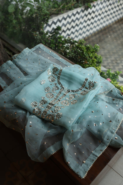 Light Blue Shade Noor Organza Silk Badla Unstitched Kurta Dupatta Set