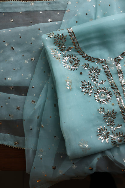 Light Blue Shade Noor Organza Silk Badla Unstitched Kurta Dupatta Set