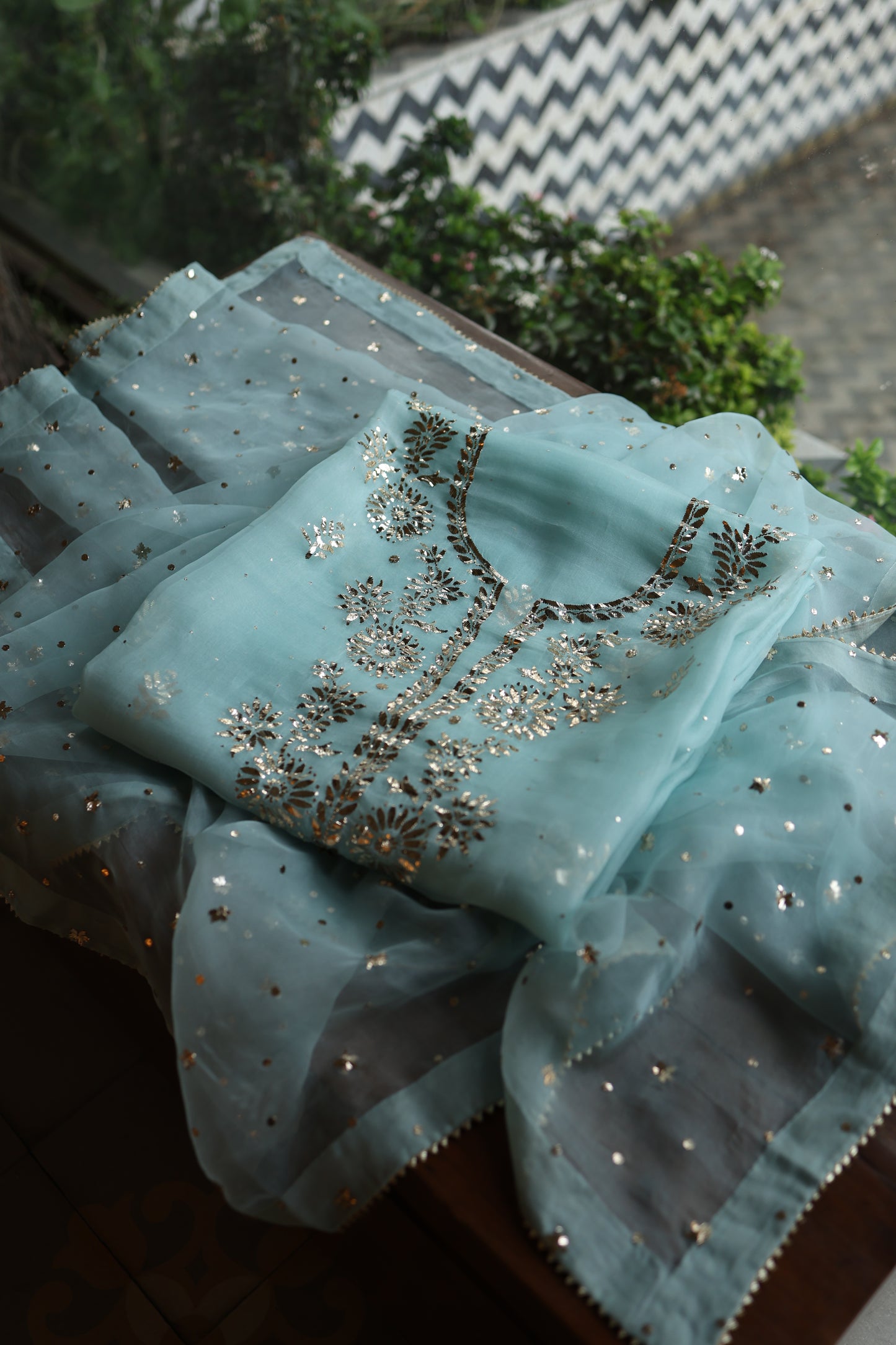 Light Blue Shade Noor Organza Silk Badla Unstitched Kurta Dupatta Set