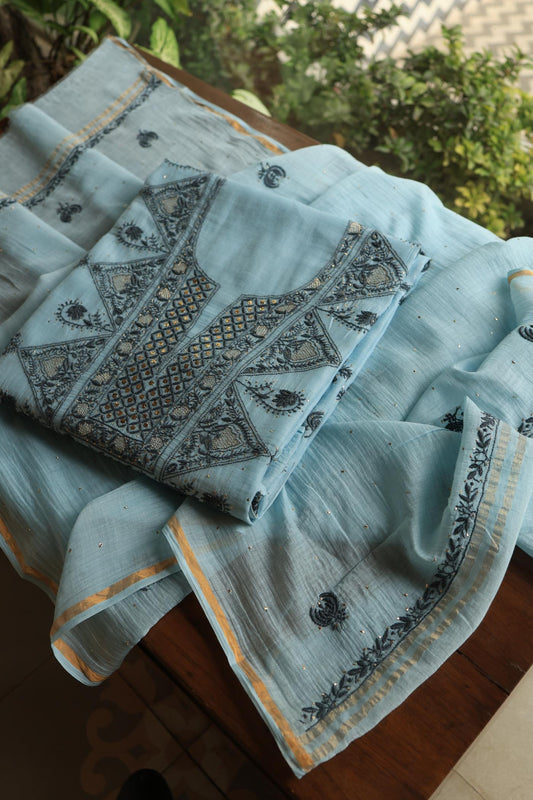 Light Blue & Grey Mal Cotton Fine Chikankari With Kamdani Work Unstitched Fabric