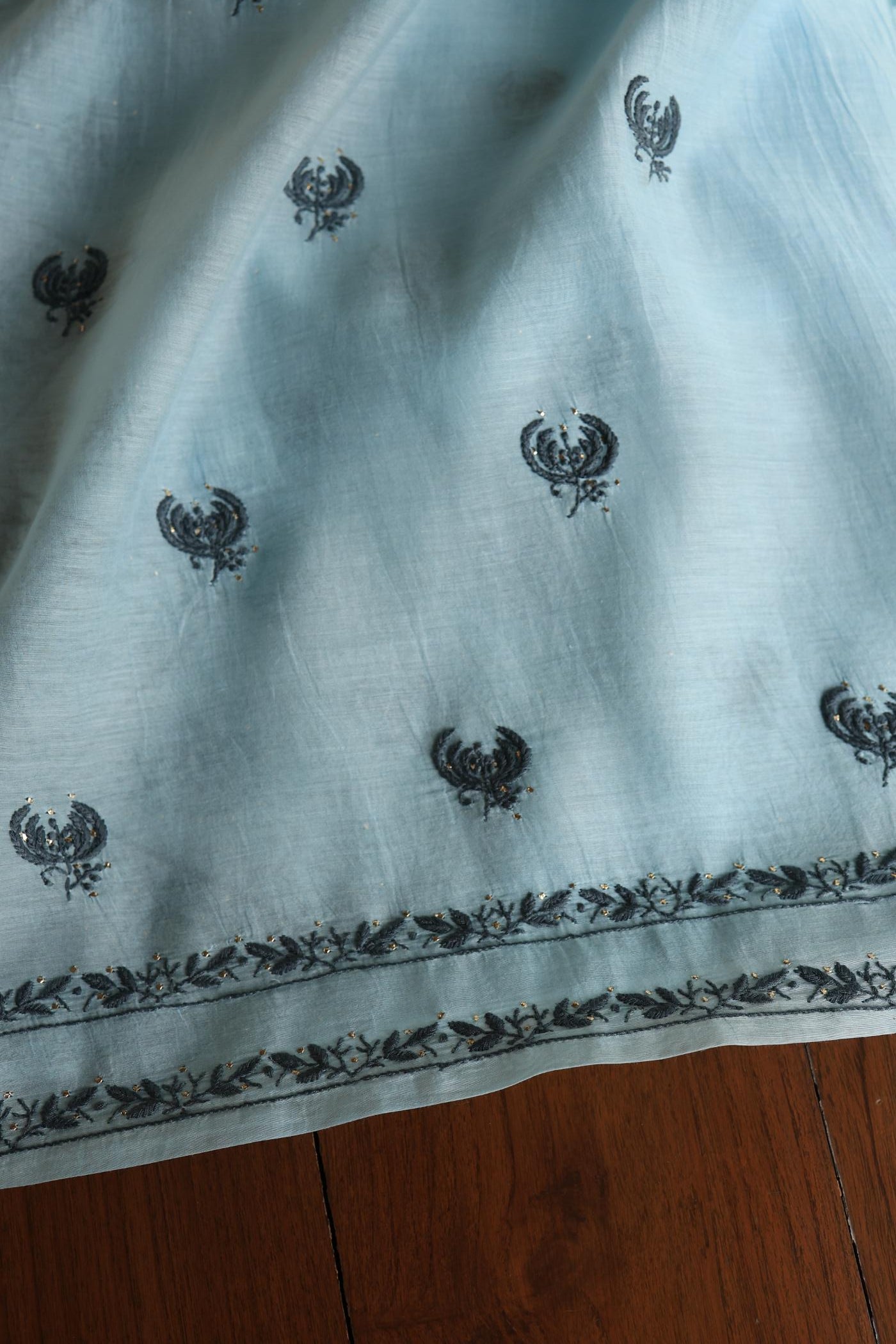 Light Blue Mal Cotton Fine Chikankari With Kamdani Work Unstitched Fabric