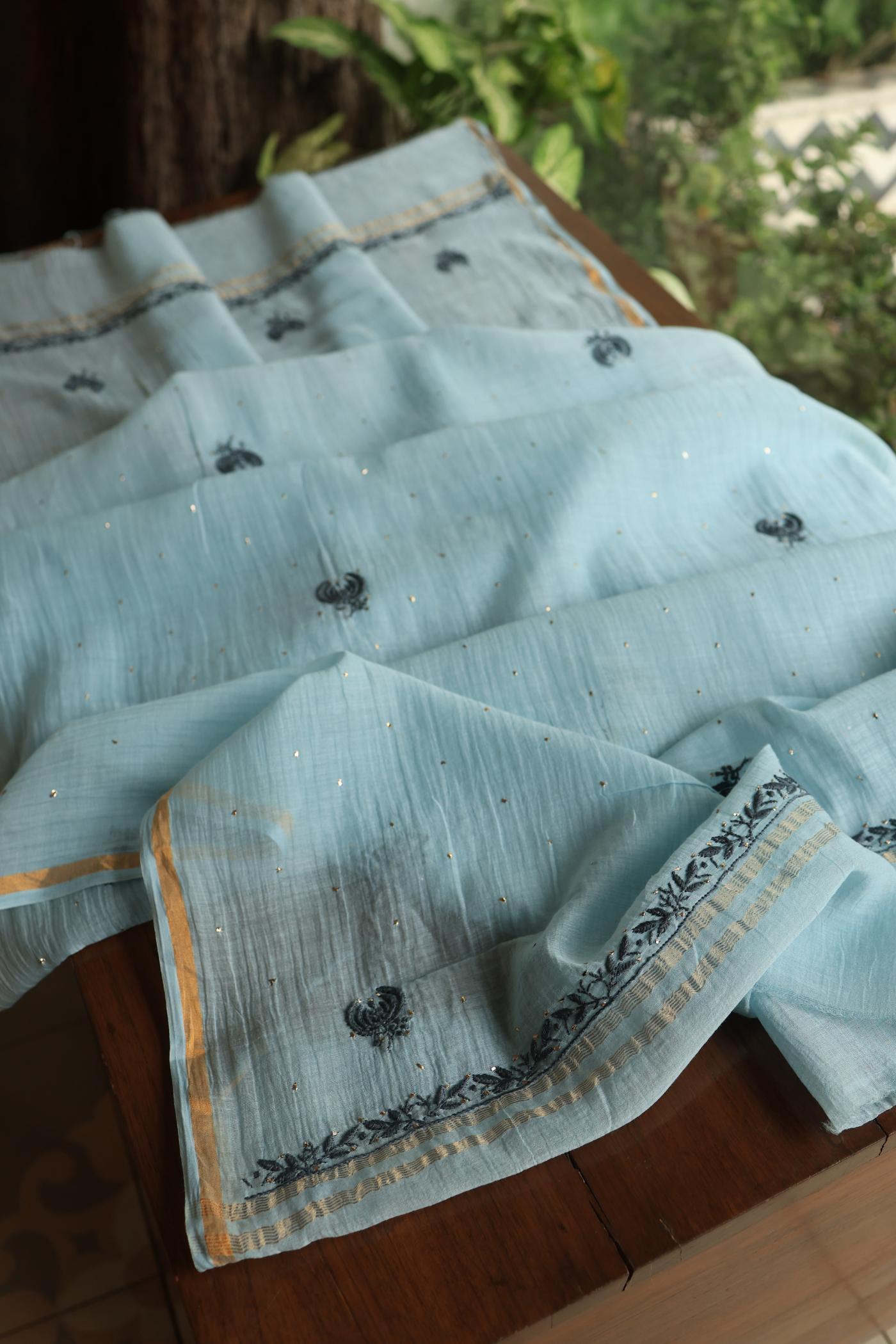 Light Blue Mal Cotton Fine Chikankari With Kamdani Work Unstitched Fabric