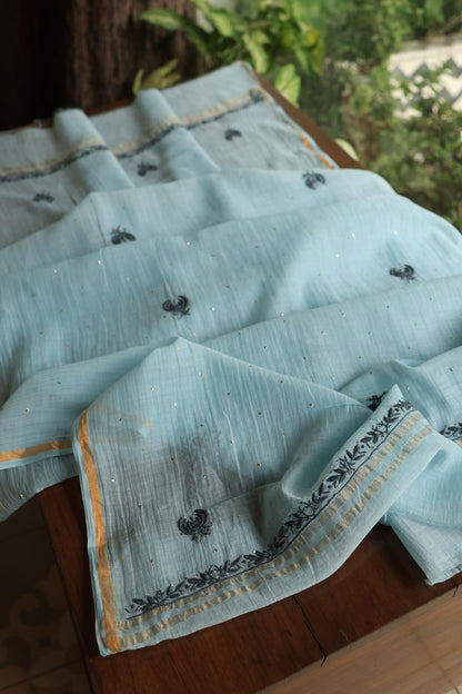 Light Blue Mal Cotton Fine Chikankari With Kamdani Work Unstitched Fabric