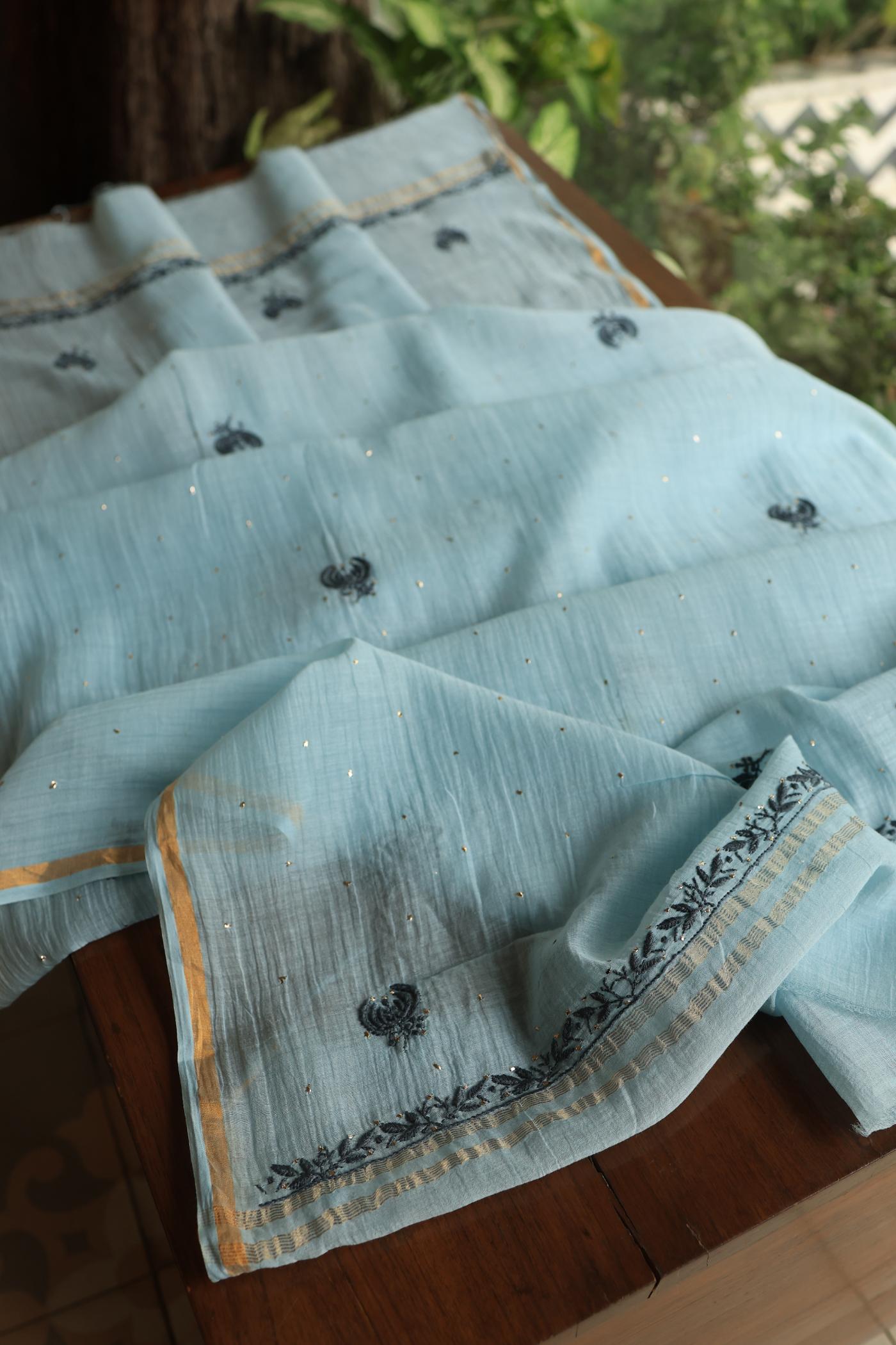 Light Blue Mal Cotton Fine Chikankari With Kamdani Work Unstitched Fabric