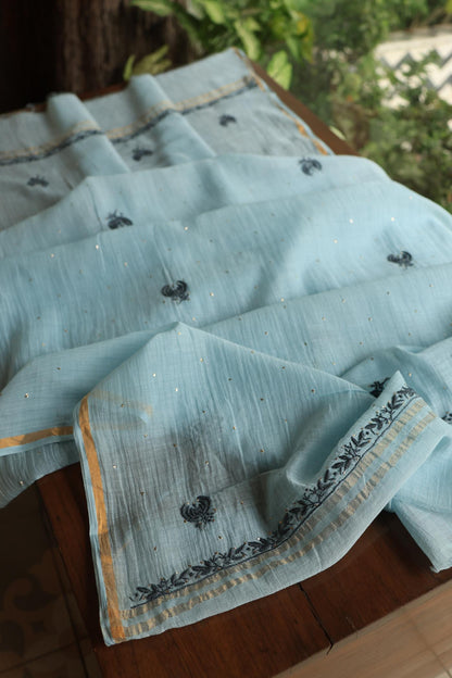 Light Blue Mal Cotton Fine Chikankari With Kamdani Work Unstitched Fabric