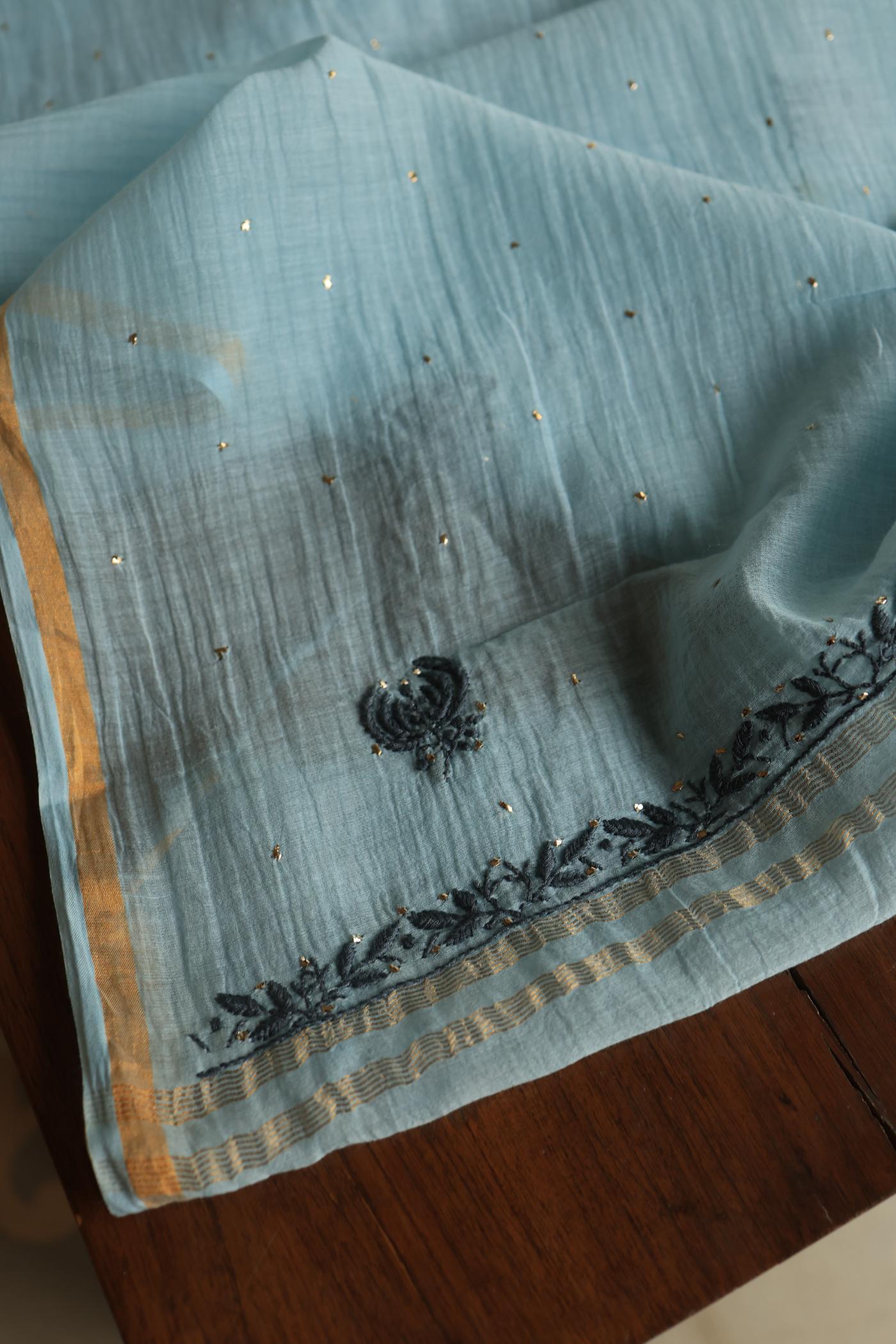 Light Blue Mal Cotton Fine Chikankari With Kamdani Work Unstitched Fabric