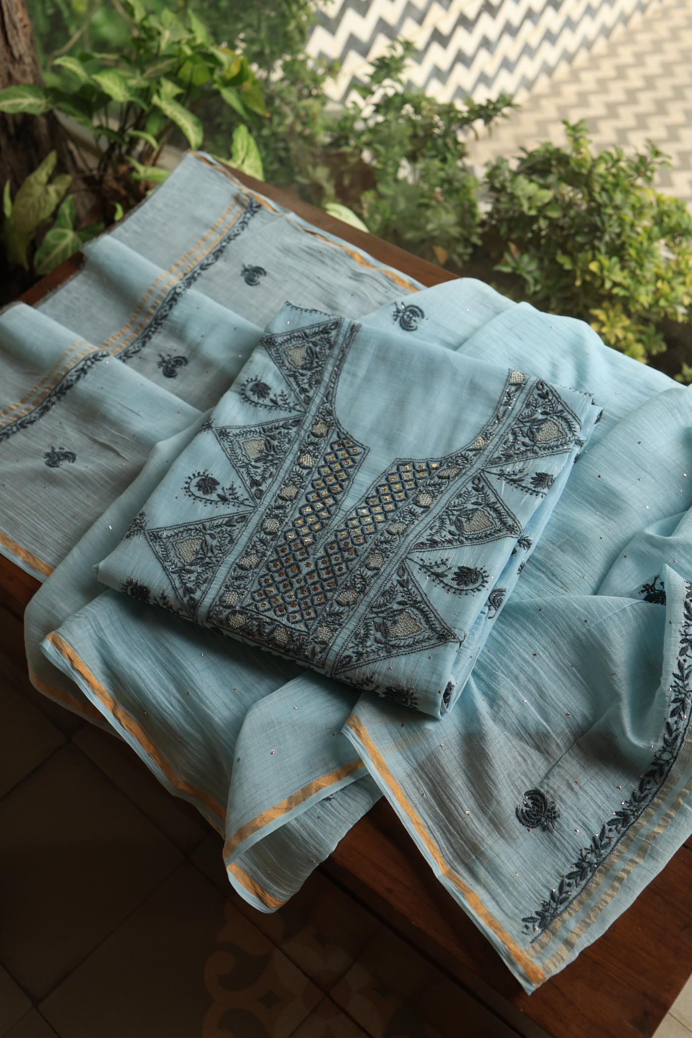 Light Blue Mal Cotton Fine Chikankari With Kamdani Work Unstitched Fabric