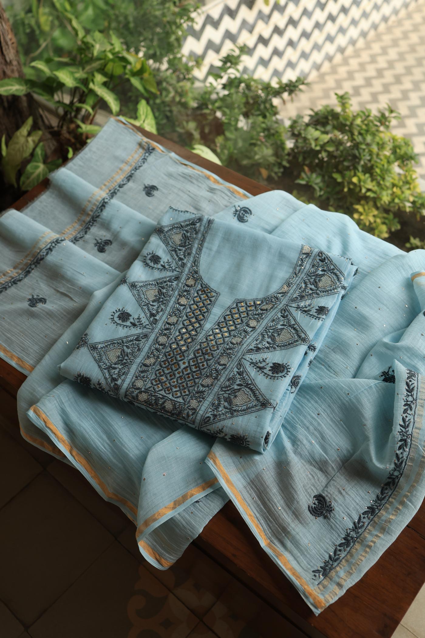 Light Blue Mal Cotton Fine Chikankari With Kamdani Work Unstitched Fabric