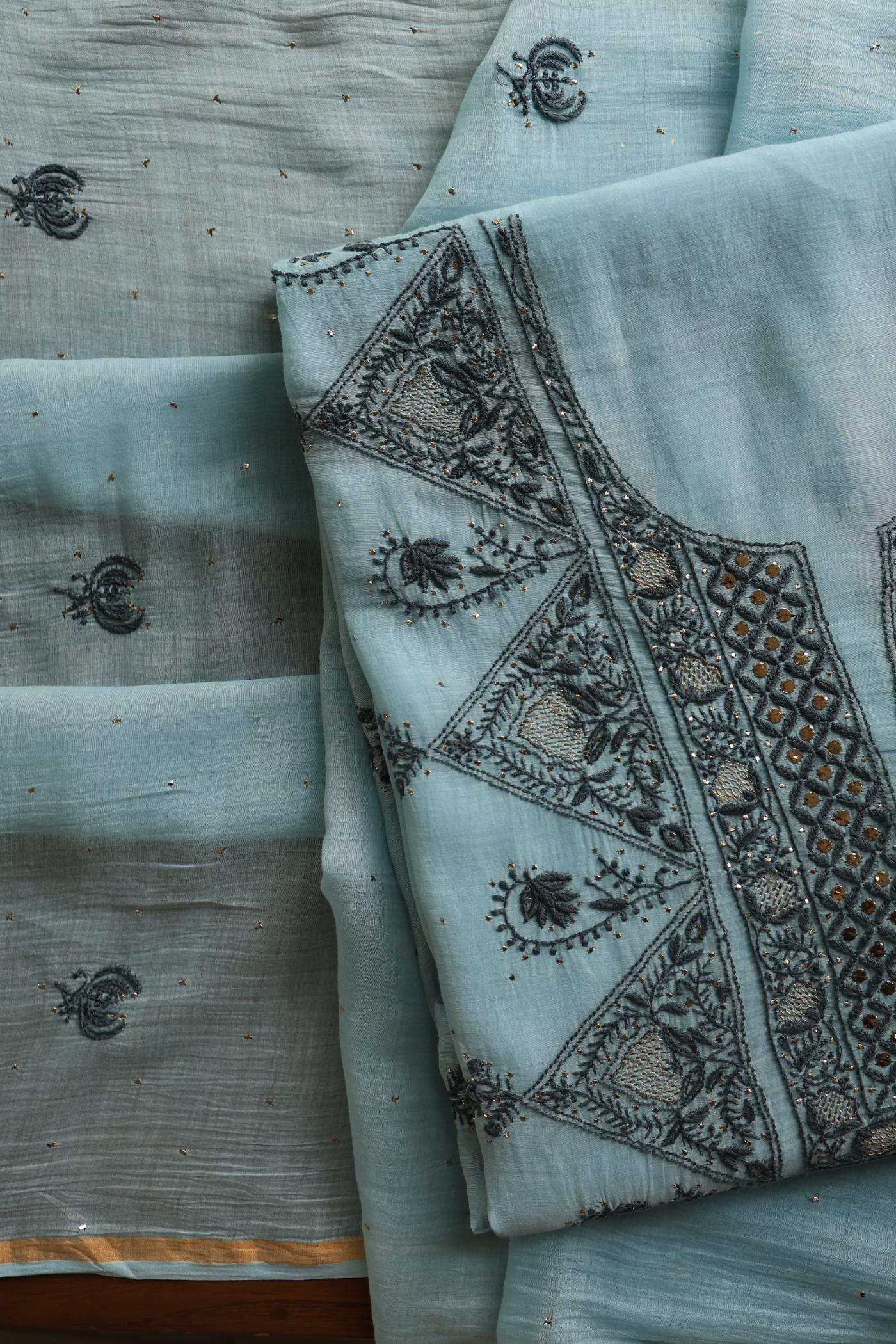 Light Blue Mal Cotton Fine Chikankari With Kamdani Work Unstitched Fabric