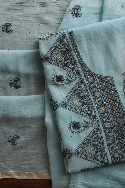 Light Blue Mal Cotton Fine Chikankari With Kamdani Work Unstitched Fabric