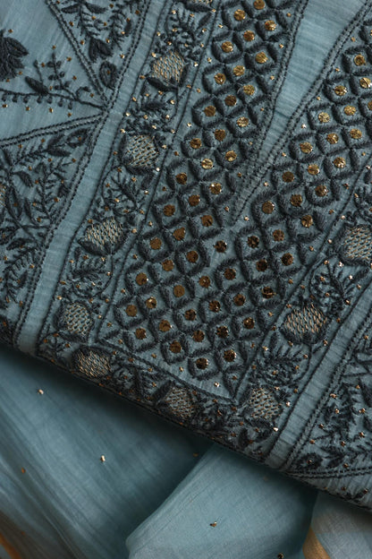 Light Blue Mal Cotton Fine Chikankari With Kamdani Work Unstitched Fabric