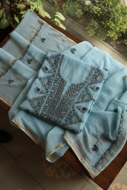 Light Blue Mal Cotton Fine Chikankari With Kamdani Work Unstitched Fabric