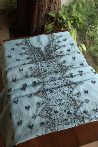 Light Blue Mal Cotton Fine Chikankari With Kamdani Work Unstitched Fabric