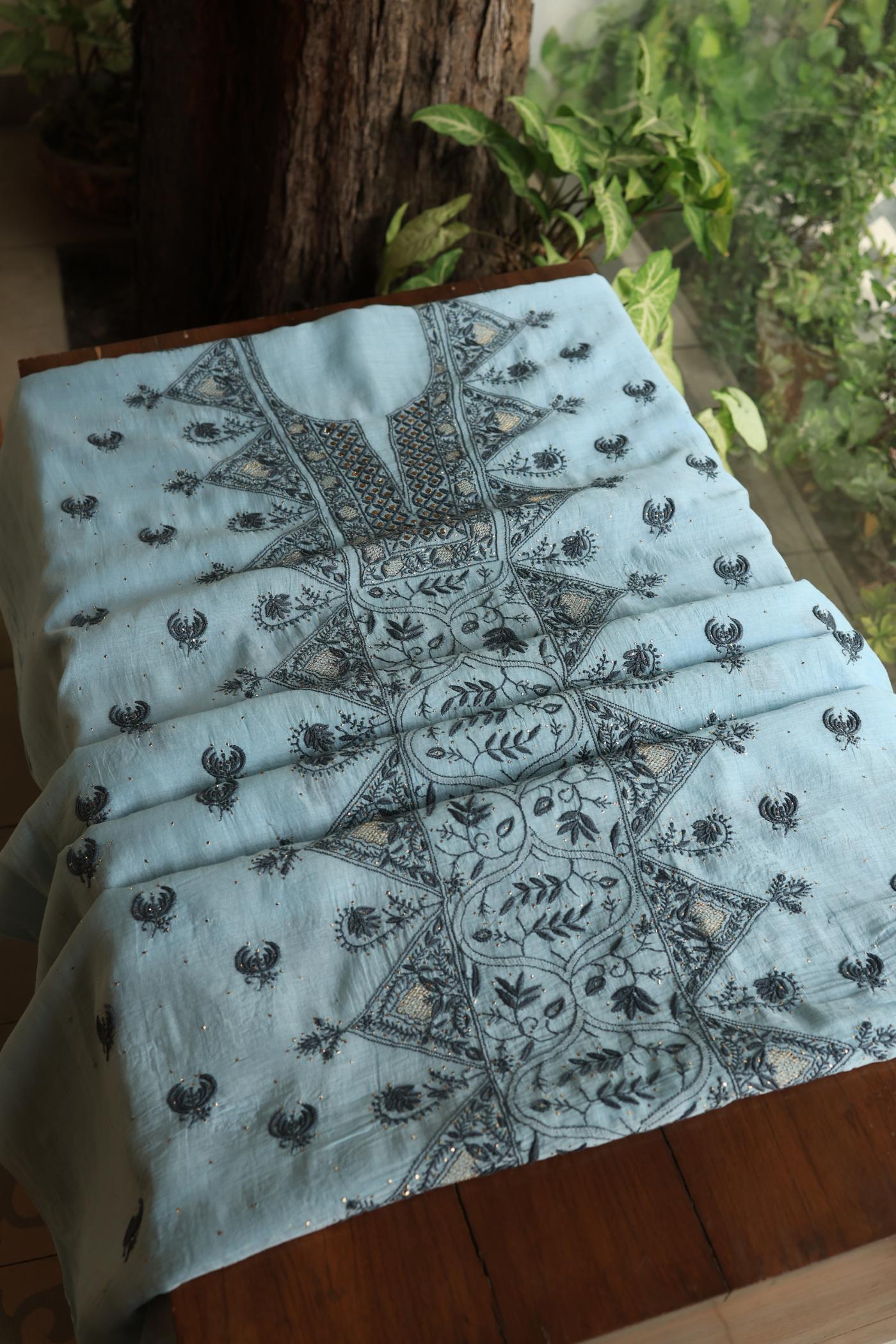 Light Blue Mal Cotton Fine Chikankari With Kamdani Work Unstitched Fabric