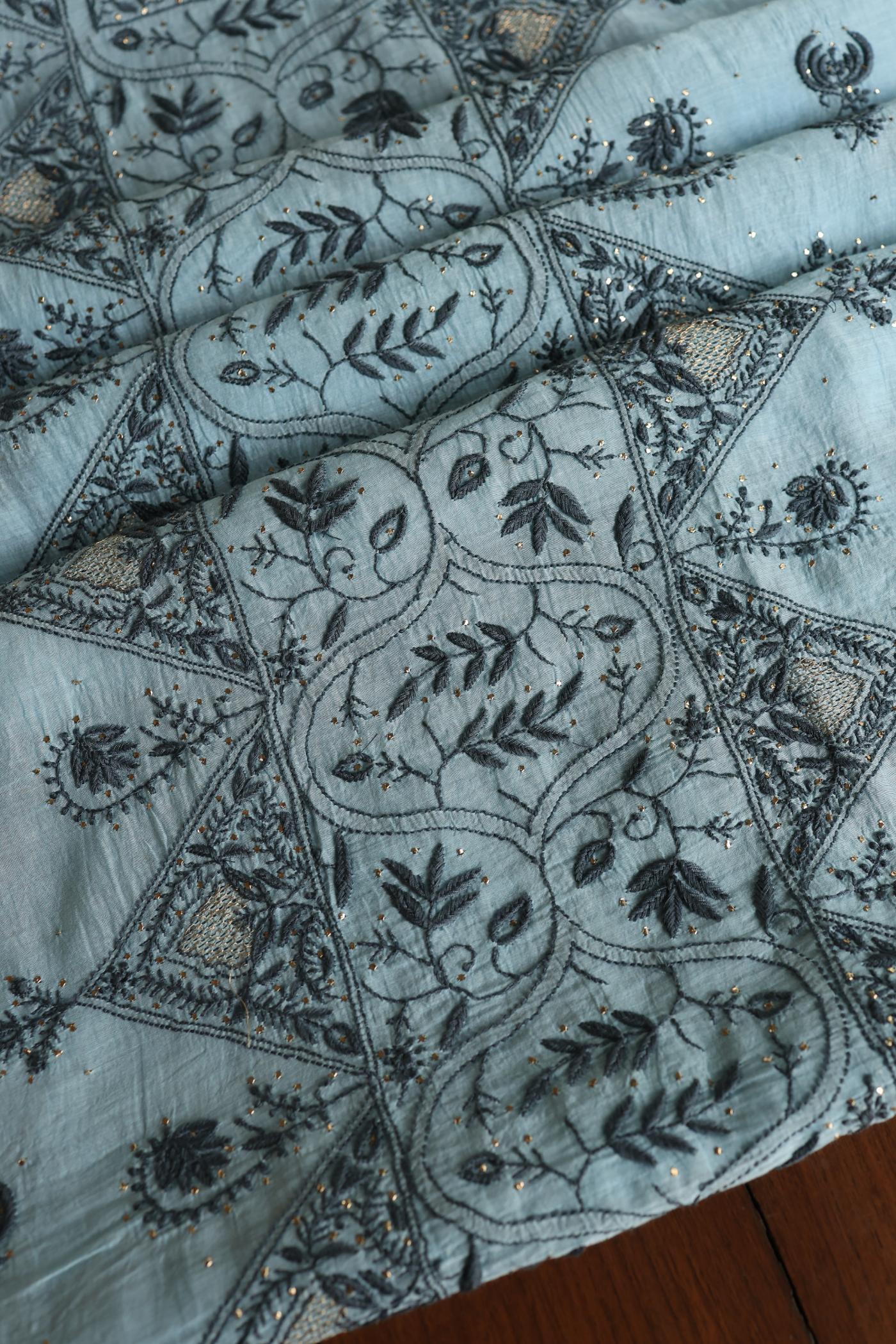 Light Blue Mal Cotton Fine Chikankari With Kamdani Work Unstitched Fabric