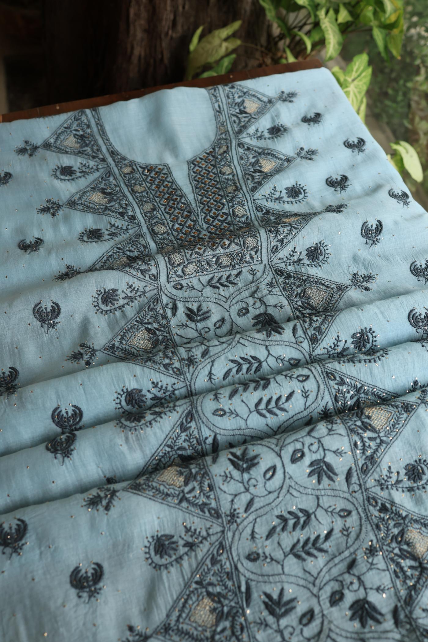 Light Blue Mal Cotton Fine Chikankari With Kamdani Work Unstitched Fabric