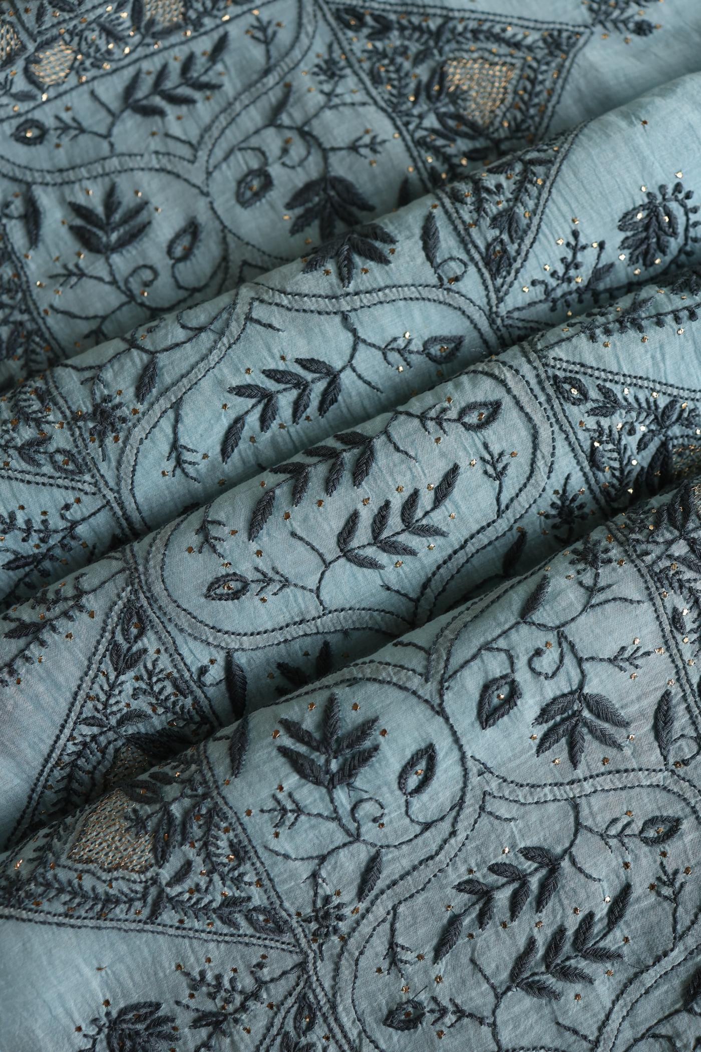 Light Blue Mal Cotton Fine Chikankari With Kamdani Work Unstitched Fabric