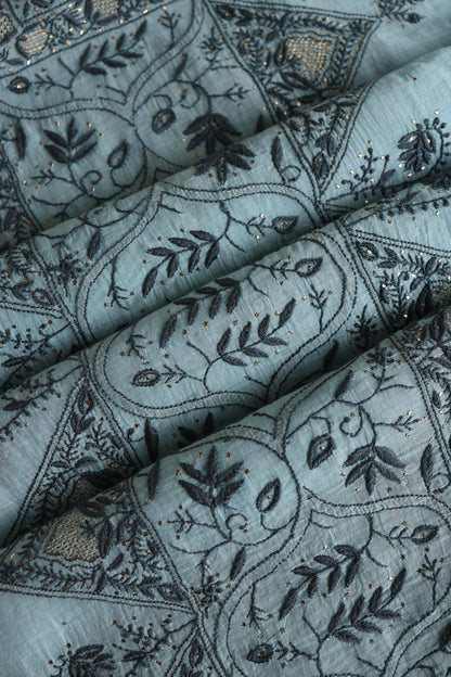 Light Blue Mal Cotton Fine Chikankari With Kamdani Work Unstitched Fabric