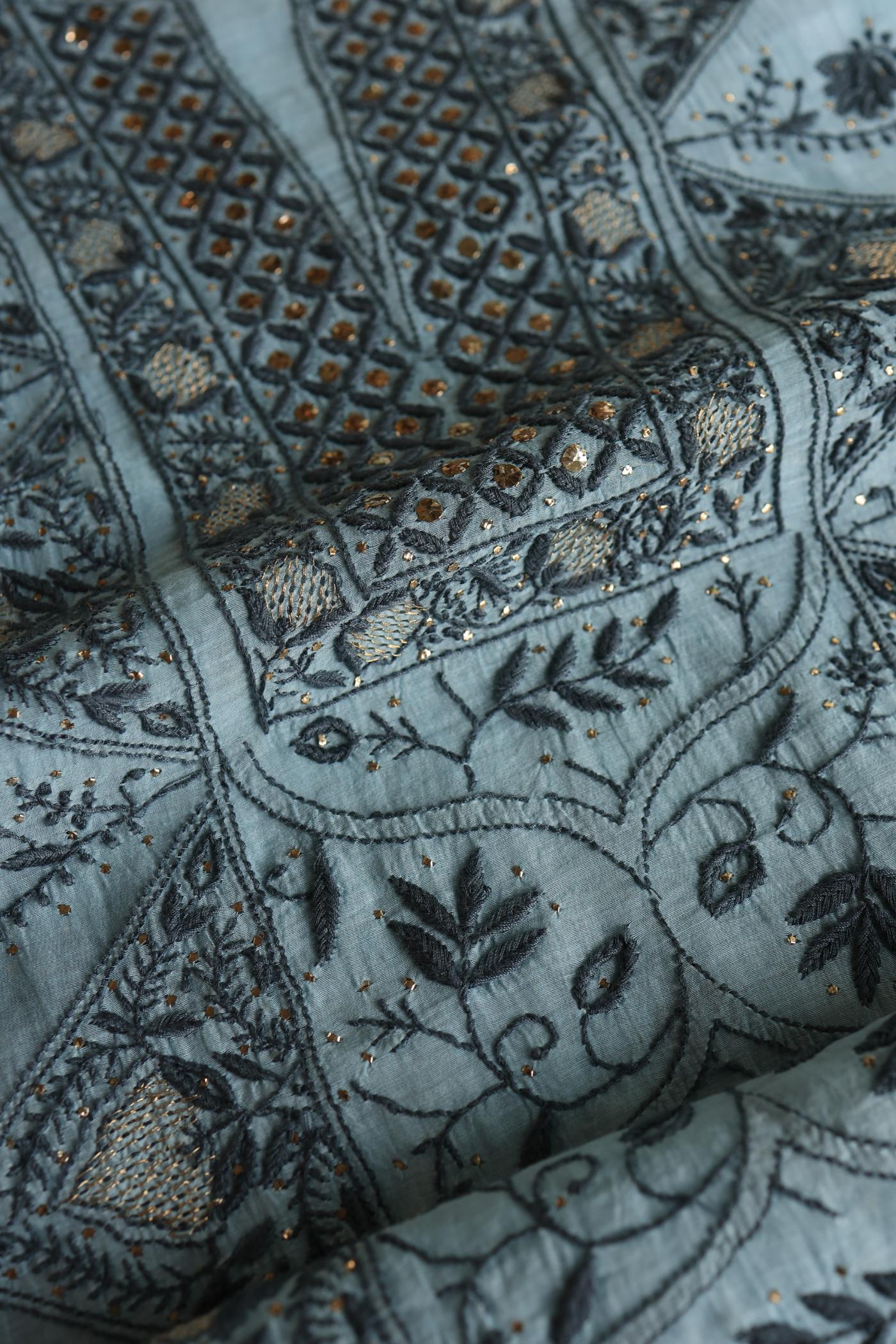 Light Blue Mal Cotton Fine Chikankari With Kamdani Work Unstitched Fabric