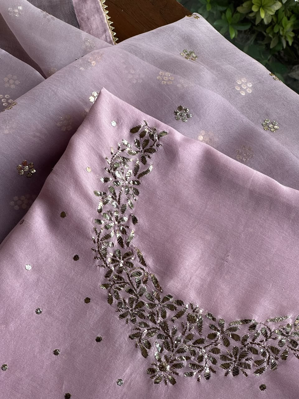 Light Mauve Shade Chanderi Silk Mukaish Badla Unstitched Fabric