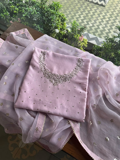 Light Mauve Shade Chanderi Silk Mukaish Badla Unstitched Fabric