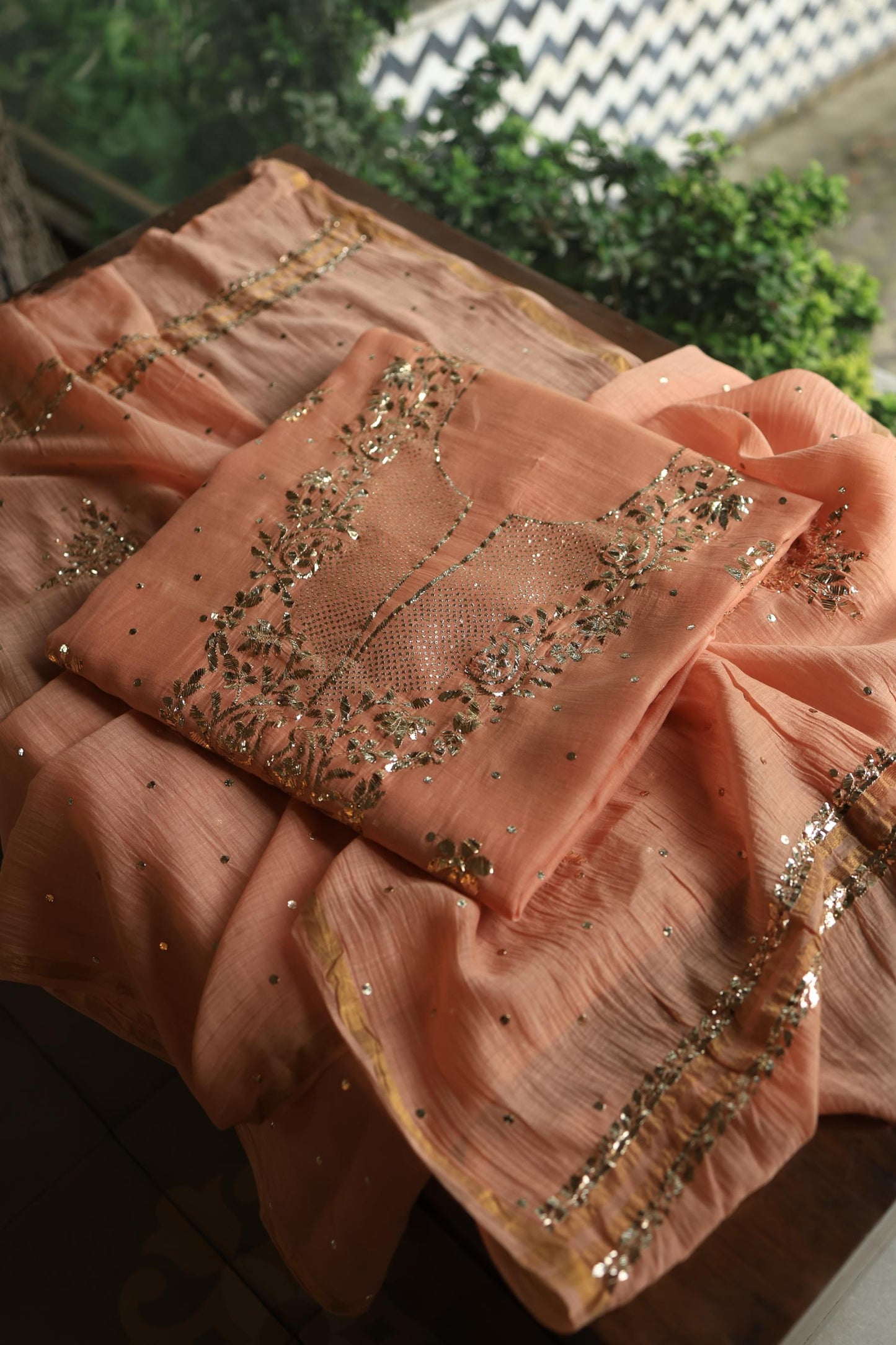 Light Salmon Chanderi Silk Mukaish Badla Unstitched Fabric