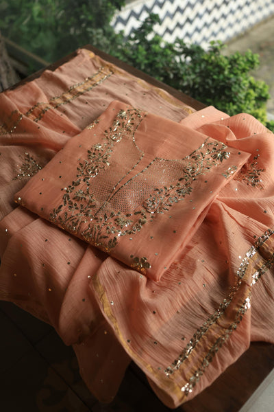 Light Salmon Chanderi Silk Mukaish Badla Unstitched Fabric