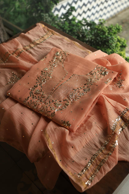Light Salmon Chanderi Silk Mukaish Badla Unstitched Fabric