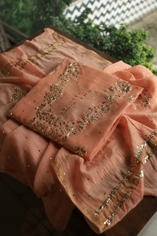 Light Salmon Chanderi Silk Mukaish Badla Unstitched Fabric
