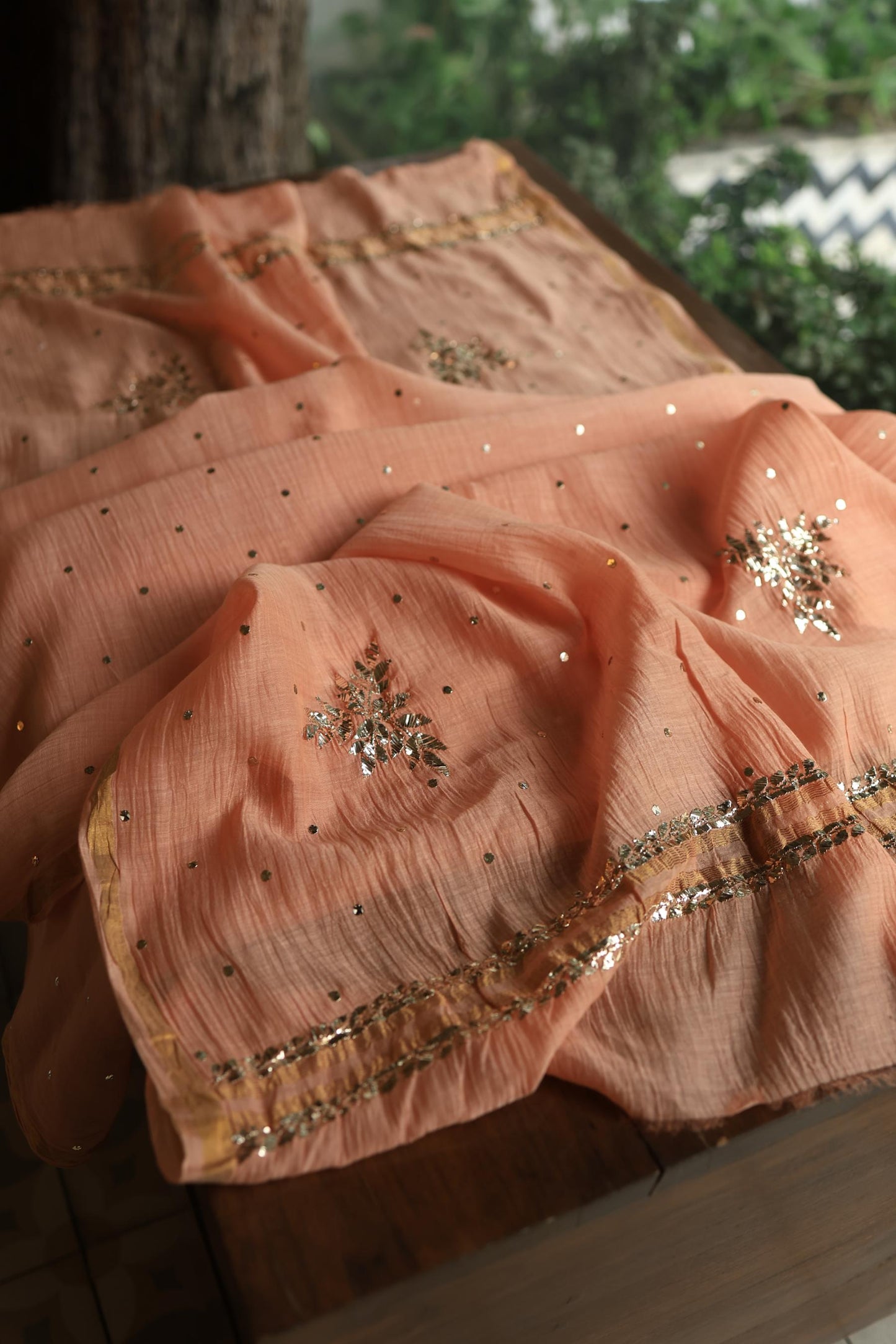 Light Salmon Chanderi Silk Mukaish Badla Unstitched Fabric