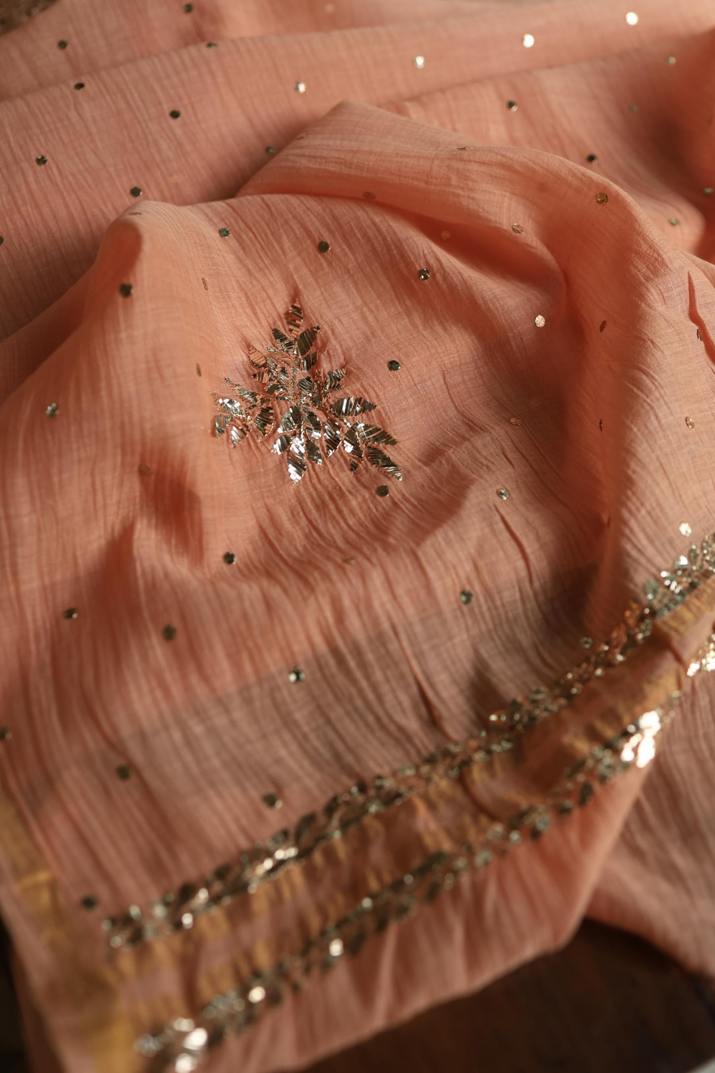 Light Salmon Chanderi Silk Mukaish Badla Unstitched Fabric