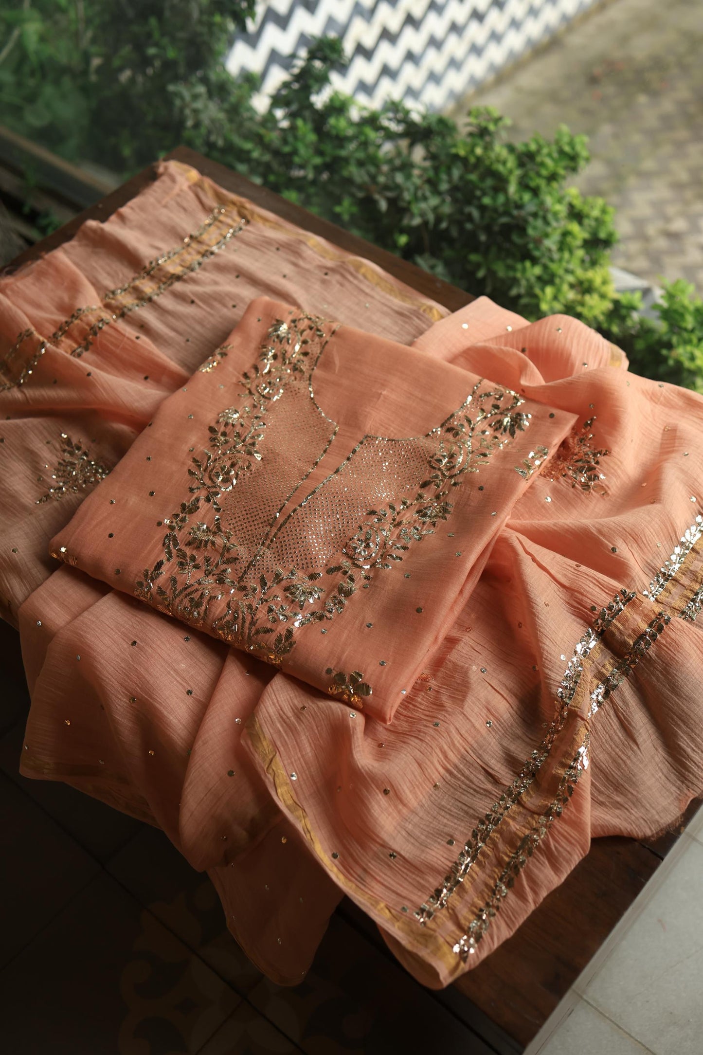 Light Salmon Chanderi Silk Mukaish Badla Unstitched Fabric
