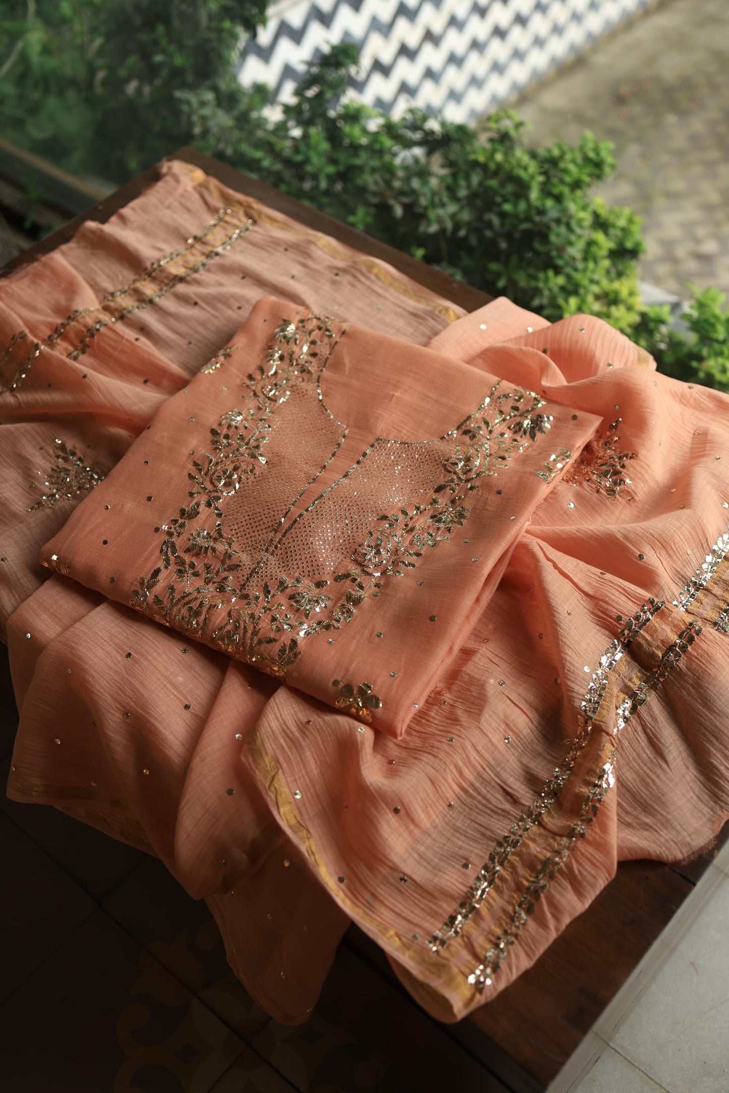 Light Salmon Chanderi Silk Mukaish Badla Unstitched Fabric