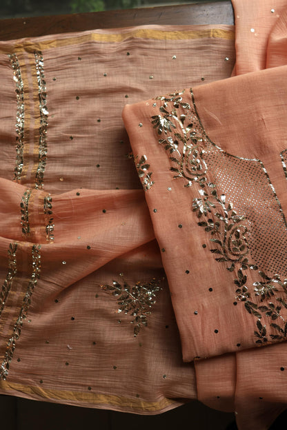Light Salmon Chanderi Silk Mukaish Badla Unstitched Fabric