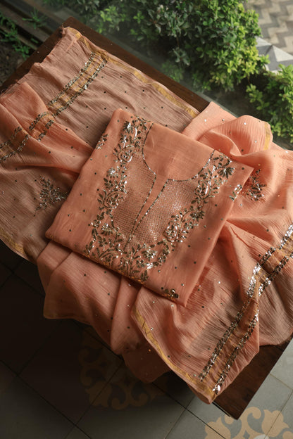 Light Salmon Chanderi Silk Mukaish Badla Unstitched Fabric