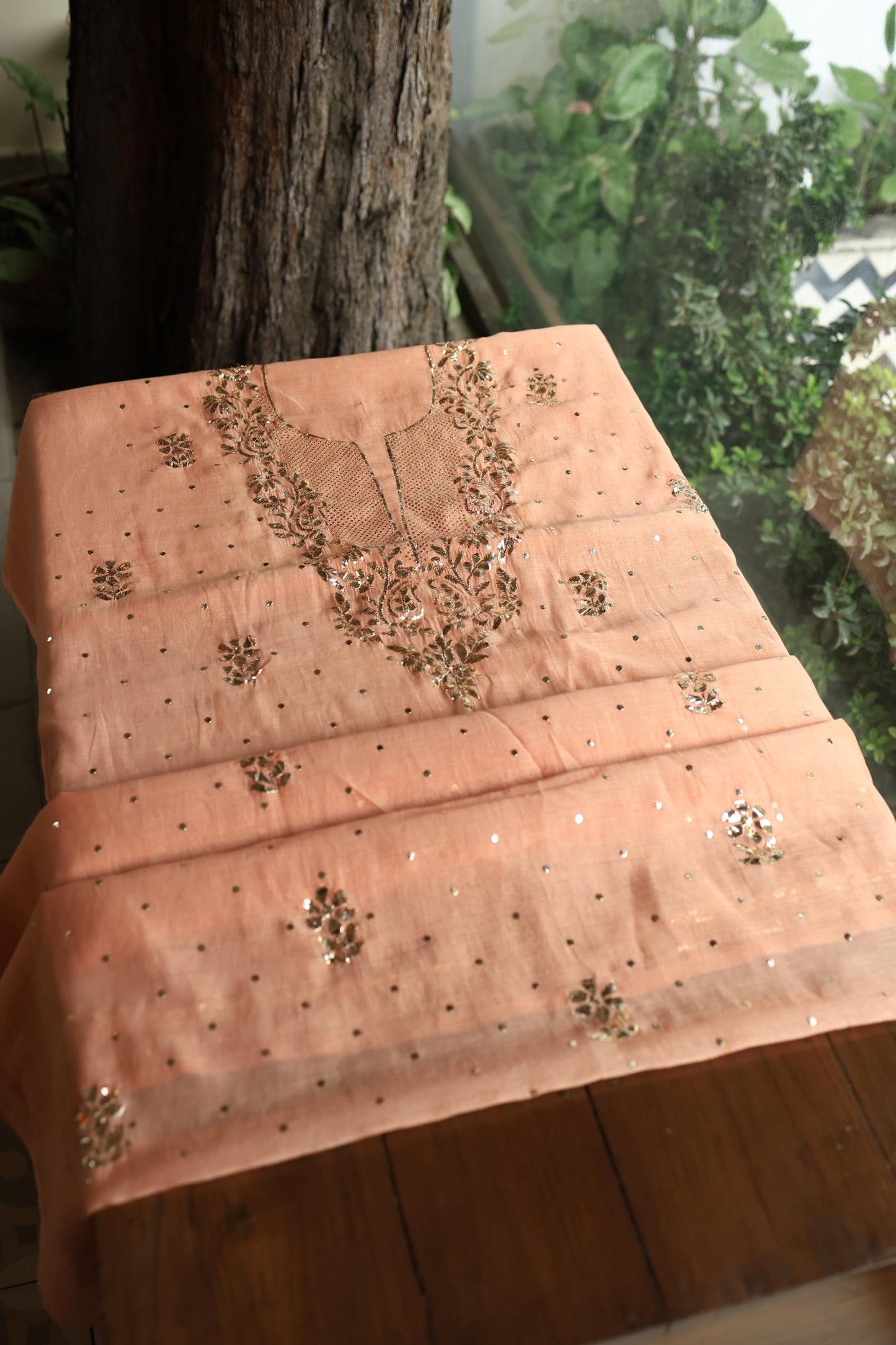Light Salmon Chanderi Silk Mukaish Badla Unstitched Fabric