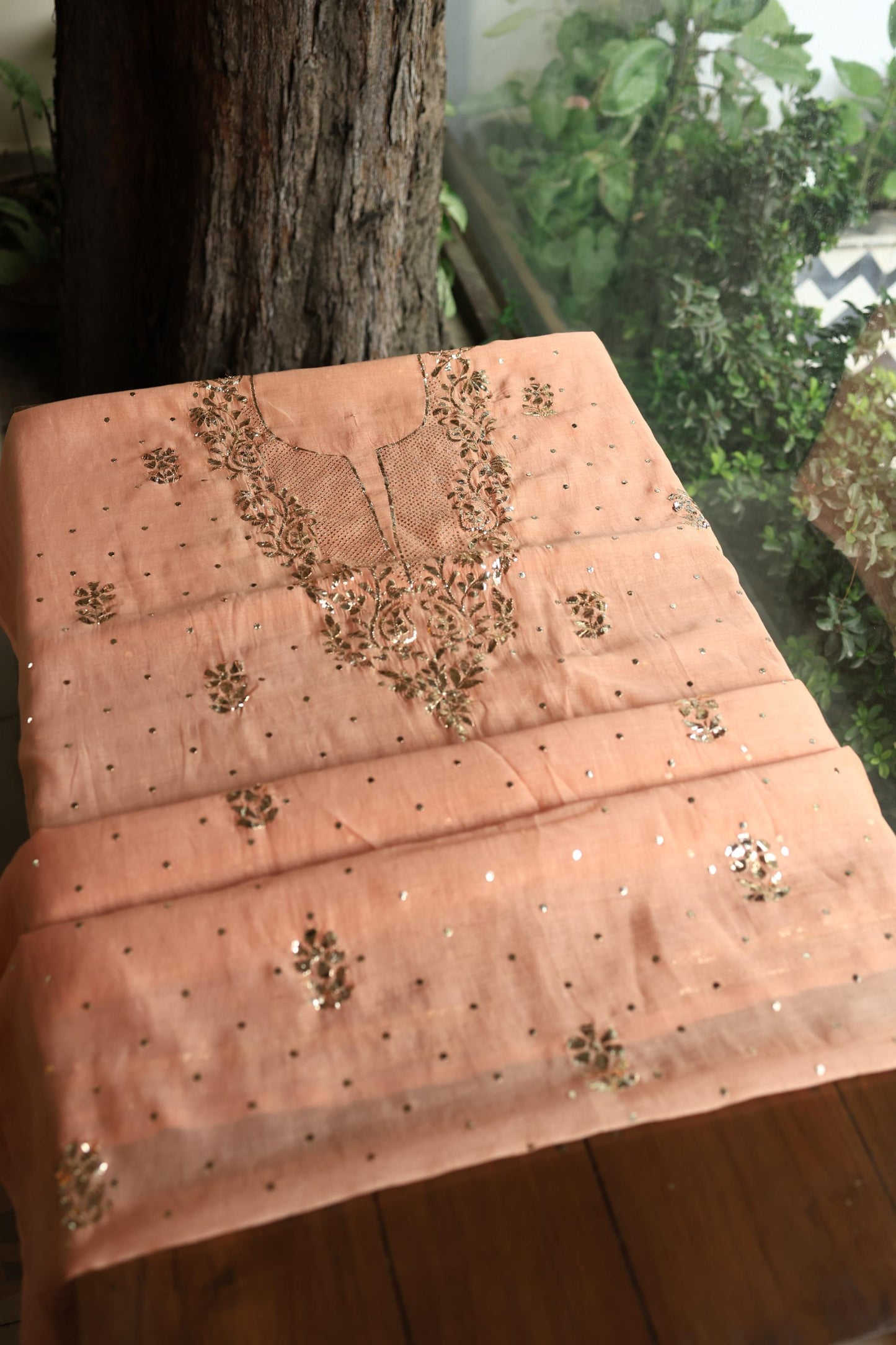 Light Salmon Chanderi Silk Mukaish Badla Unstitched Fabric