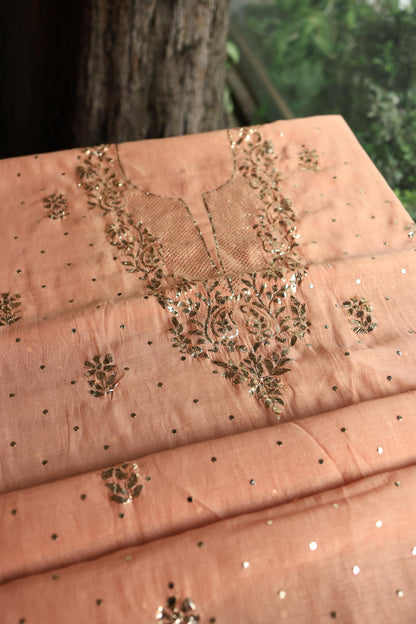 Light Salmon Chanderi Silk Mukaish Badla Unstitched Fabric