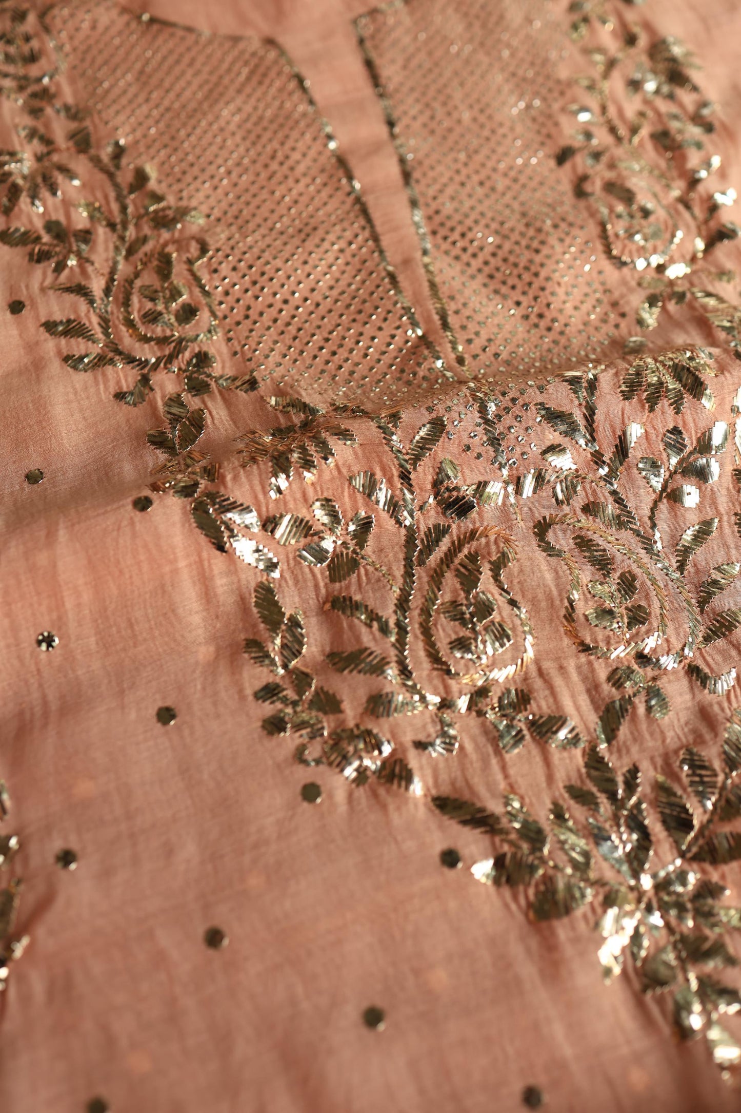 Light Salmon Chanderi Silk Mukaish Badla Unstitched Fabric