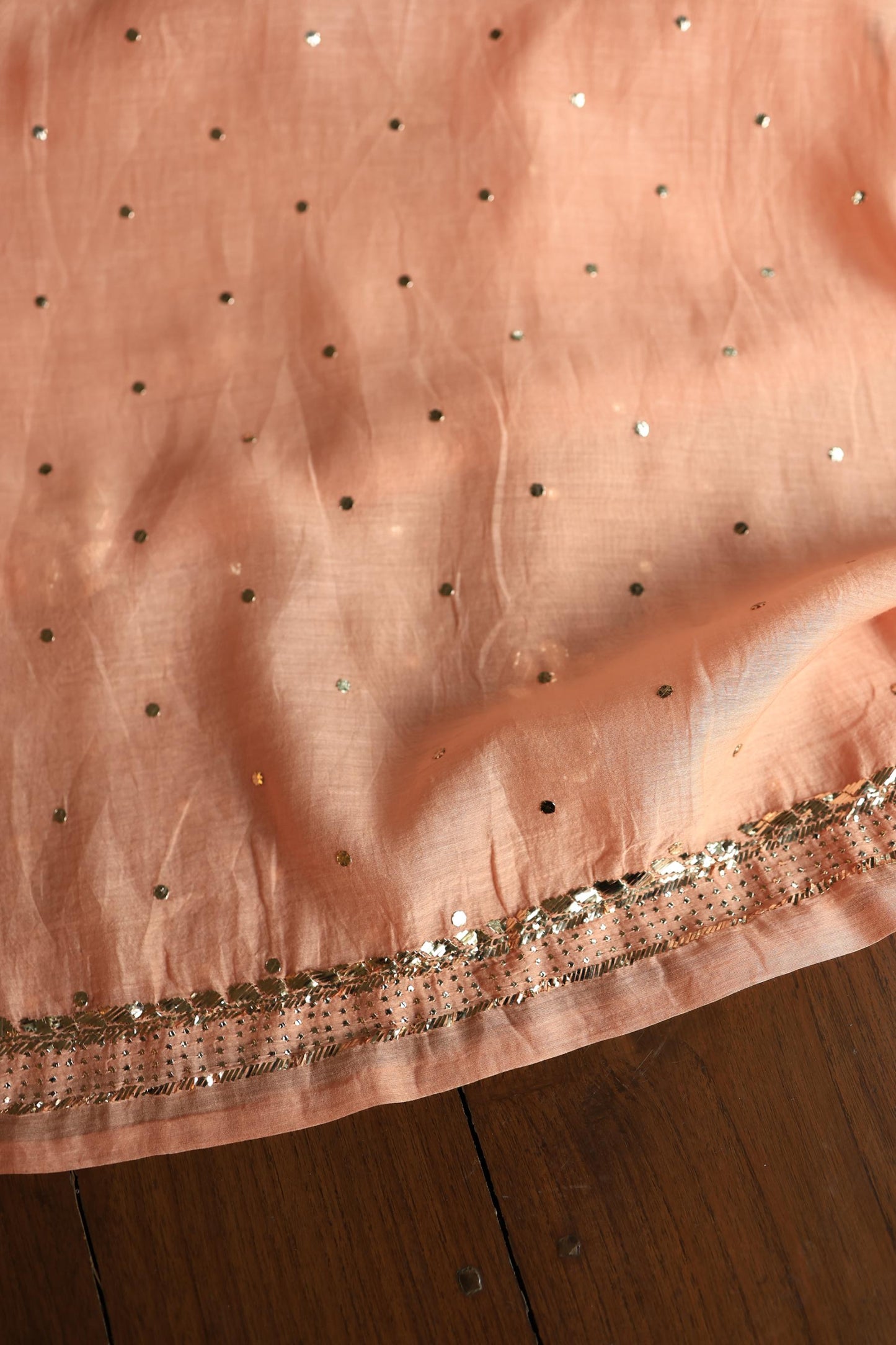 Light Salmon Chanderi Silk Mukaish Badla Unstitched Fabric
