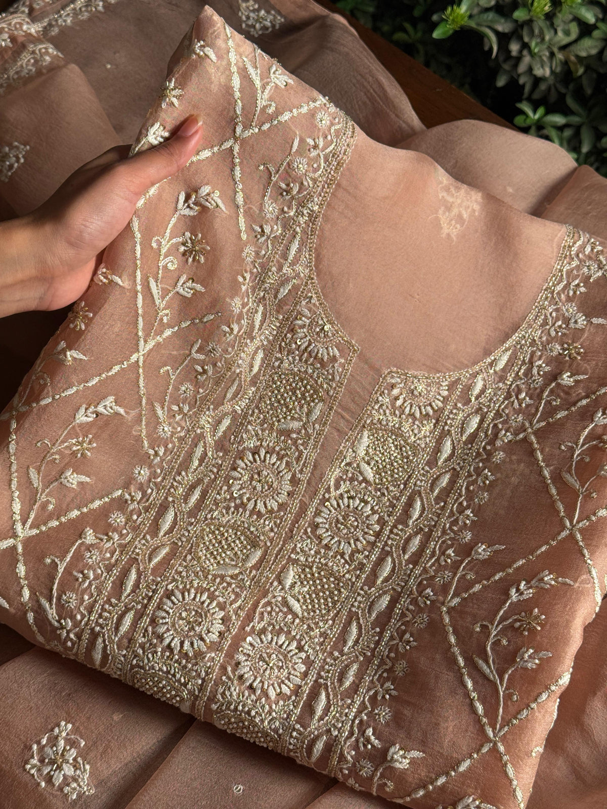 Almond Beige Shade Noor Organza Silk Chikankari Unstitched Kurta Dupatta Set