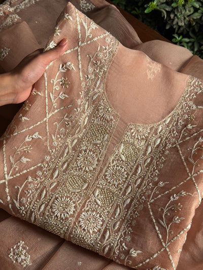 Almond Beige Shade Noor Organza Silk Chikankari Unstitched Kurta Dupatta Set