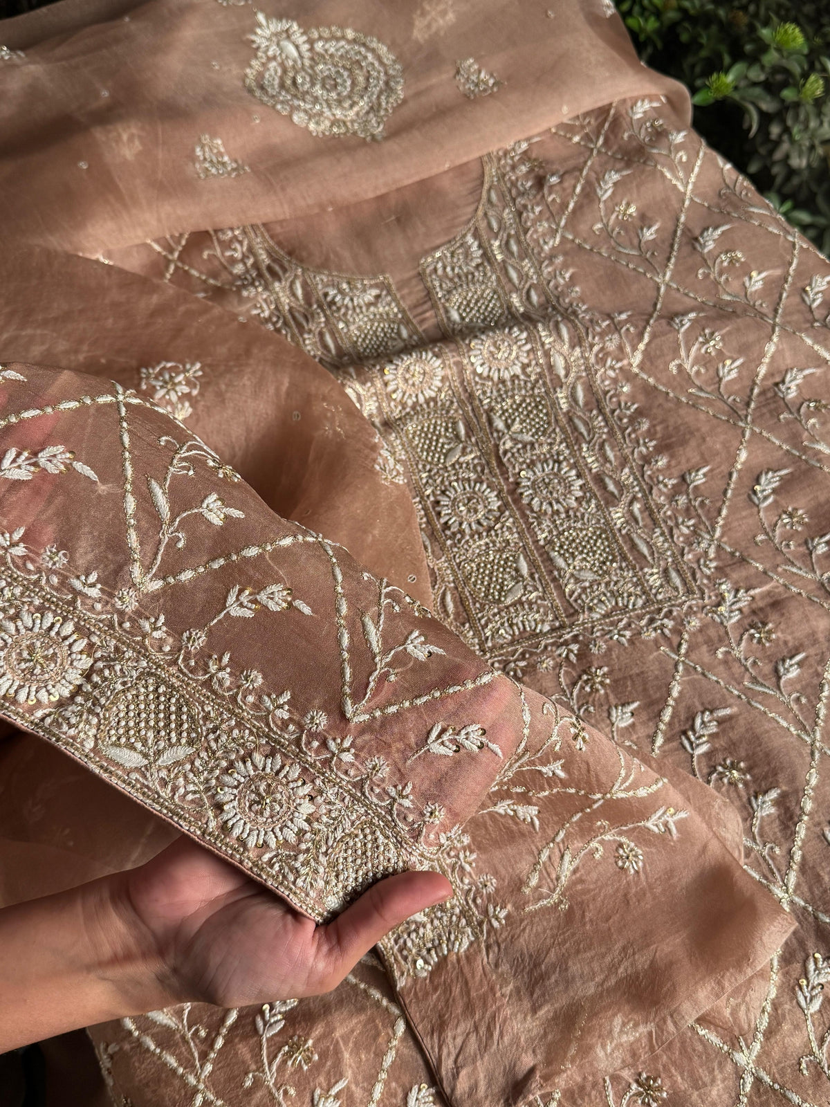 Almond Beige Shade Noor Organza Silk Chikankari Unstitched Kurta Dupatta Set
