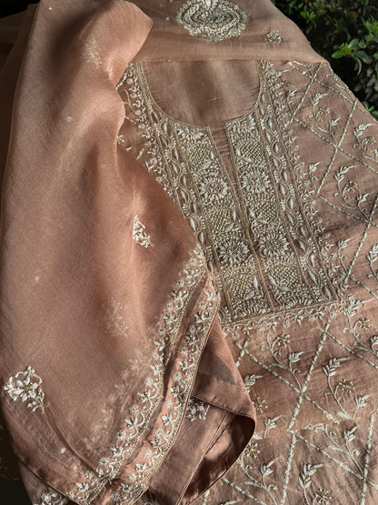 Almond Beige Shade Noor Organza Silk Chikankari Unstitched Kurta Dupatta Set