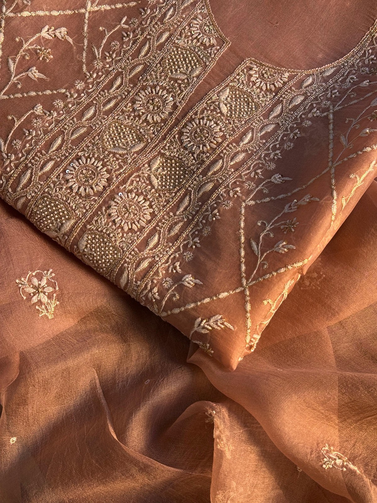 Almond Beige Shade Noor Organza Silk Chikankari Unstitched Kurta Dupatta Set