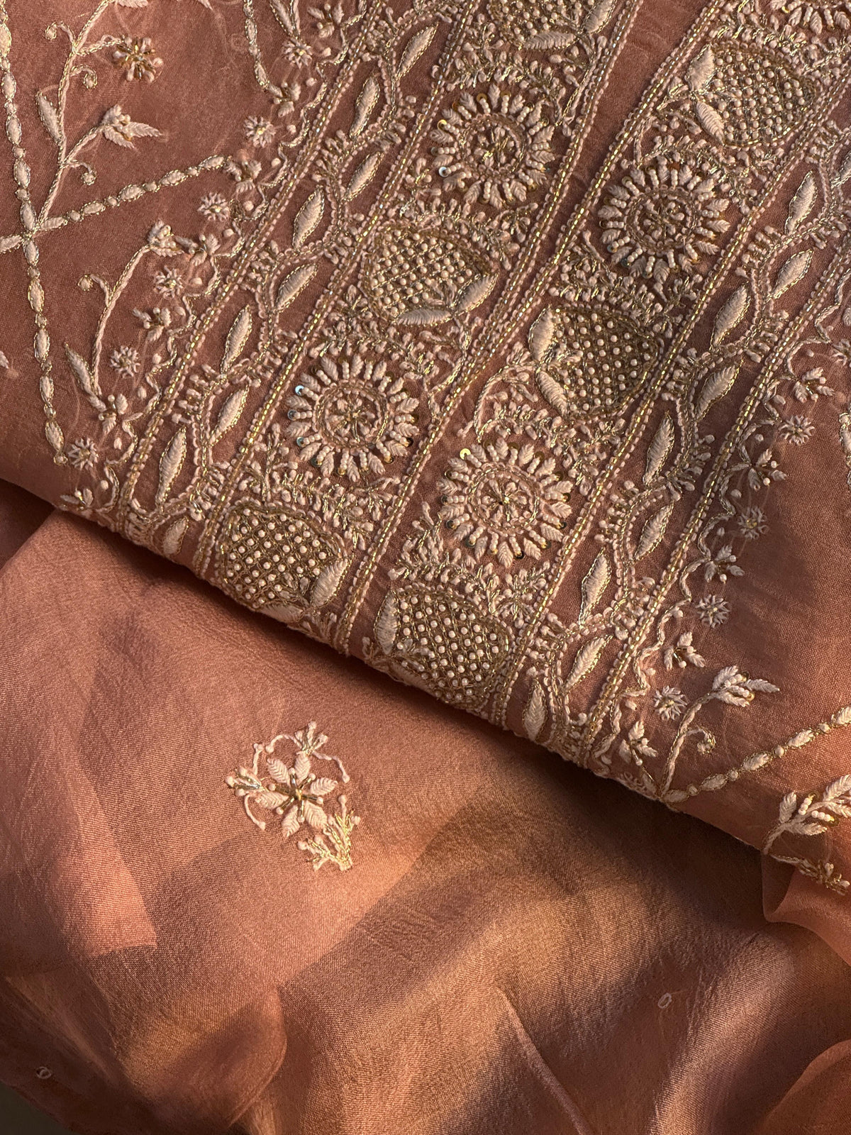 Almond Beige Shade Noor Organza Silk Chikankari Unstitched Kurta Dupatta Set